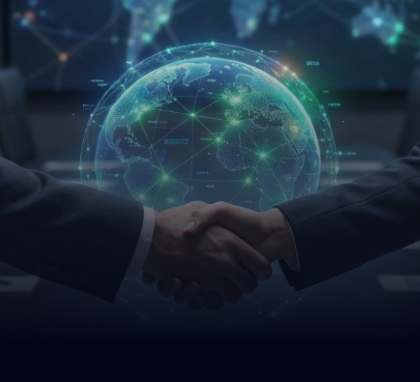 Business partners shaking hands in front of a digital global network.